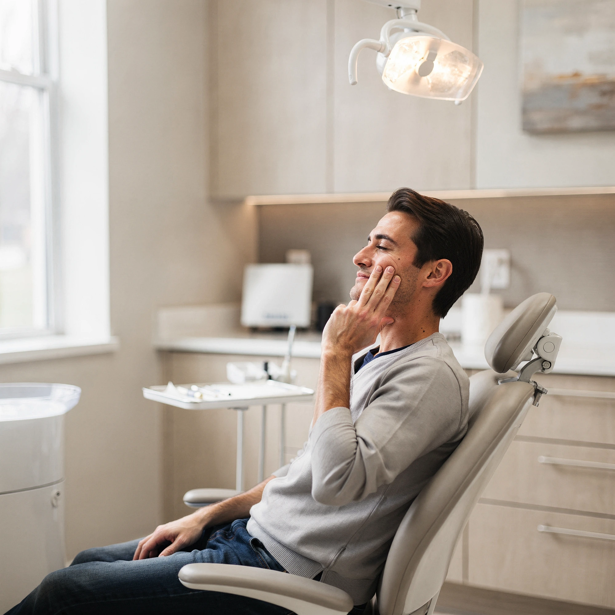 Man in dental chair holding his cheek, experiencing tooth pain in a modern treatment room